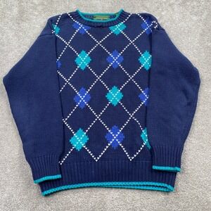 Embassy Row Argyle Knit Sweater Mens Medium Navy Blue Teal 100% Cotton Vintage